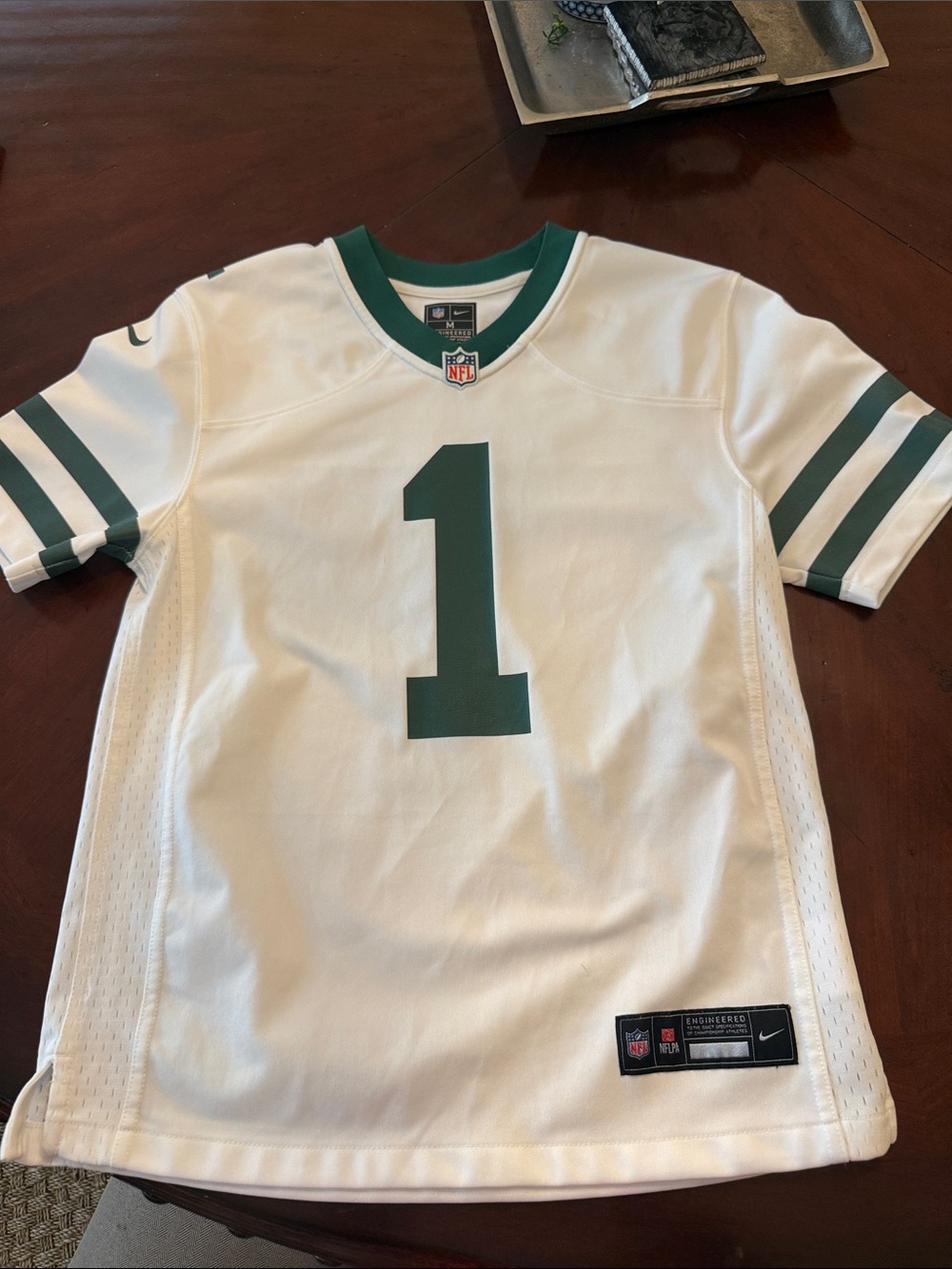 Nike White and Green Football Jersey #1 Gardner NY Jets